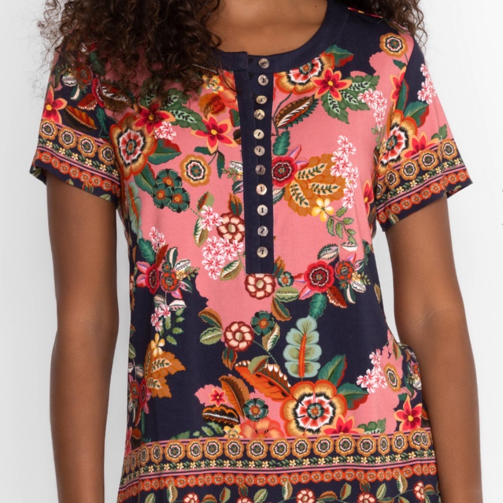 Johnny Was Floral Print Top - Pink and Navy